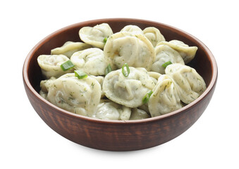 Tasty dumplings with green onion and dill in bowl isolated on white