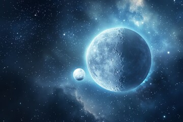 Obraz premium Two moons, the smaller moon is on the left side of the larger planet with a blue gas and dust atmosphere and a black hole in the center
