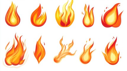 A vibrant and colorful collection of various flame illustrations, showcasing diverse shapes and designs in bright yellows and reds.