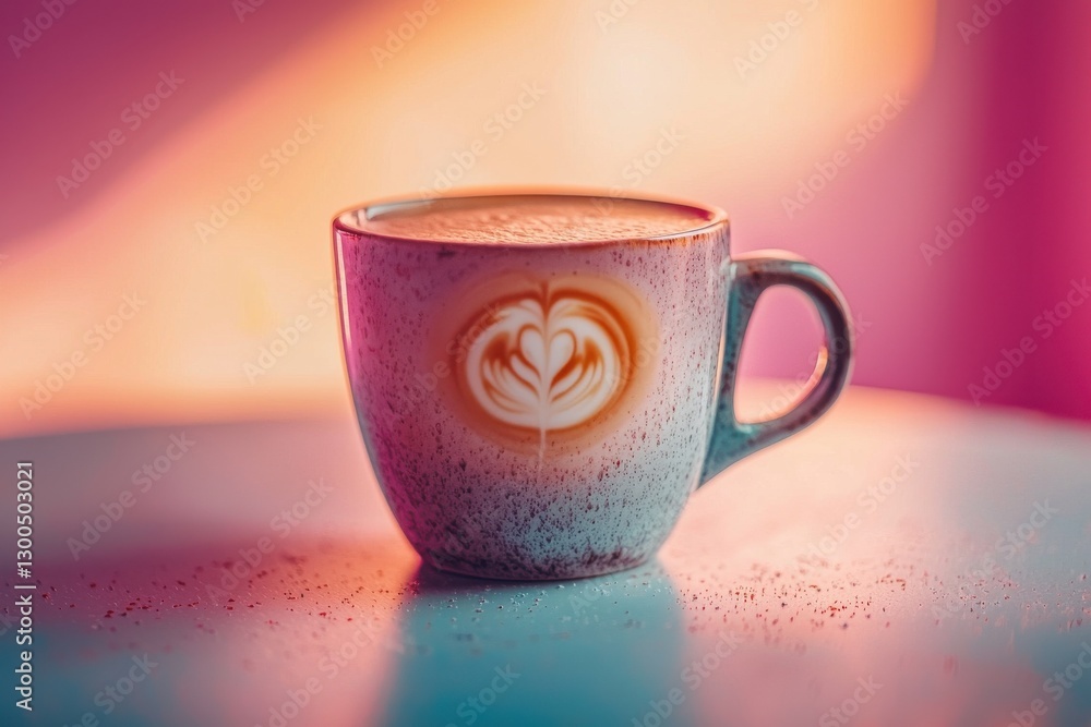 Poster a close-up of a mug with latte art, featuring a heart design, sitting on a reflective surface with v