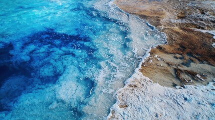 Clear turquoise water gently laps against a sandy shore, revealing intricate patterns in the sand. The scene showcases the beauty of nature under bright daylight
