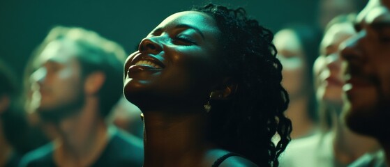 Ecstatic African American woman enjoying live music performance with crowd at concert venue, feeling the rhythm and positive energy