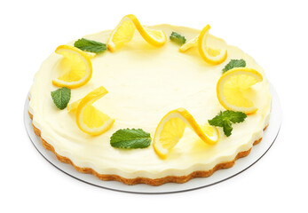 Delicious lemon cheesecake with mint isolated on white