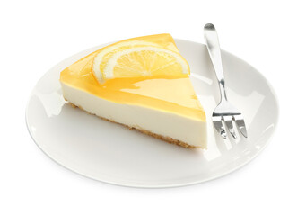 Piece of tasty lemon cheesecake and fork isolated on white
