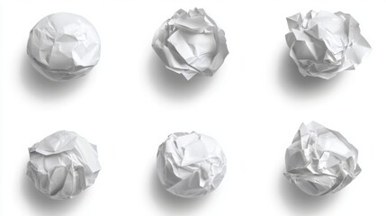 A collection of six crumpled white paper balls arranged creatively on a white background. Abstract shapes highlight the textured surfaces of the paper.