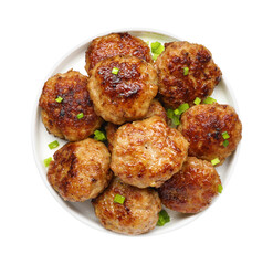 Delicious patties with green onions isolated on white, top view