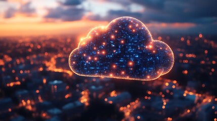 Data Cloud Over City at Sunset