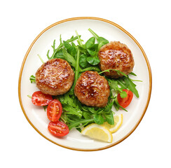 Delicious patties with greens, tomatoes and lemon isolated on white, top view