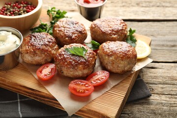 Delicious patties, spices, tomatoes and sauces on wooden table, closeup