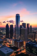 Fototapeta premium Dallas skyline at sunset with city buildings, urban landscape, modern architecture, vibrant colors, evening light, Texas cityscape, travel destination.
