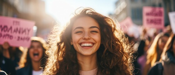 Smiling Caucasian woman with curly hair at a political demonstration, advocating for womens rights and gender equality in a crowd of activists
