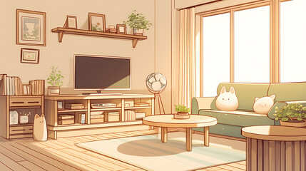 Fototapeta premium Cozy living room with soft lighting, green couch, cute plush toys, and a view of nature outside