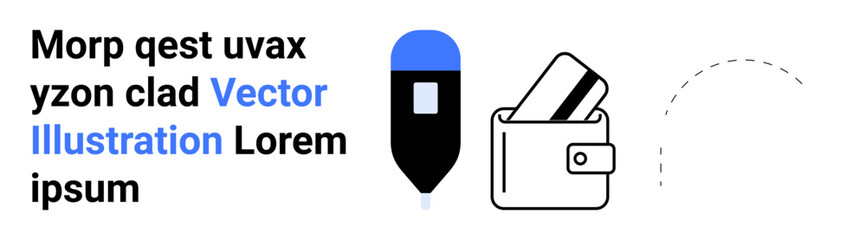 Wallet holding credit cards and a smart pen with text elements. Ideal for finance, digital payments, technology, e-commerce, business solutions, personal finance management, marketing materials