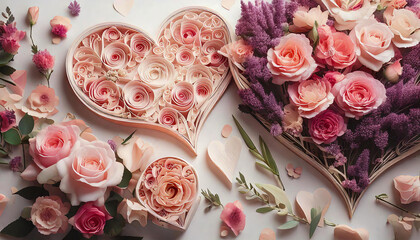 Soft pink roses, lavender, and green leaves form heart-shaped floral patterns, creating a warm Mother's Day vibe.