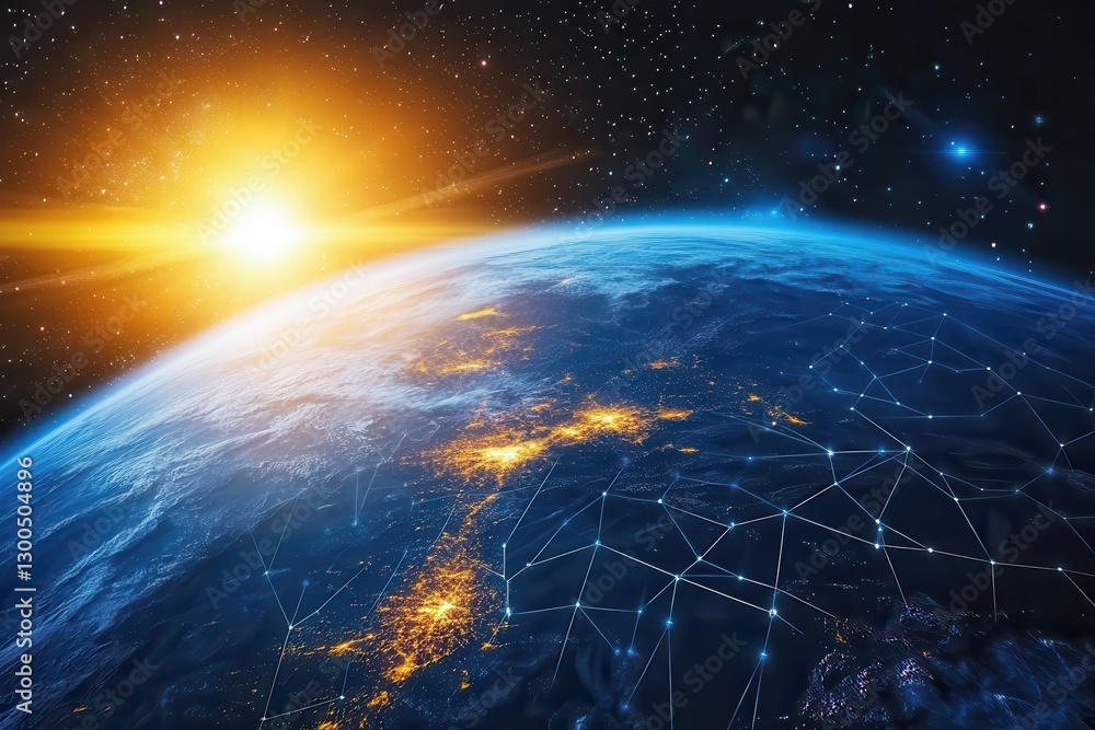 Poster earth view from space with sunlight illuminating the horizon and digital connectivity network concep