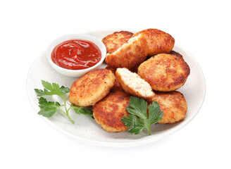 Tasty patties, parsley and ketchup isolated on white