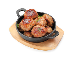 Tasty patties and dill in frying pan isolated on white