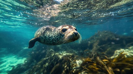 A curious seal glides effortlessly through crystal-clear waters, surrounded by lush kelp. Sunlight filters down, illuminating the underwater landscape and showcasing marine life