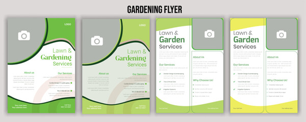 Lawn and gardening service flyer design template. Tree and gardening service poster leaflet design. lawnmower flyer template Agricultural and farming services social media post lawn gardening design
