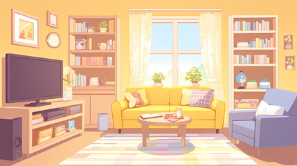 Cozy living room with yellow walls, bright sunlight, plants, and a comfortable sofa, perfect for relaxation