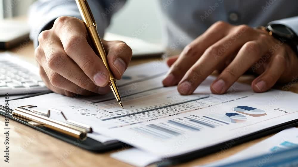 Poster hands writing on financial reports with charts and calculators