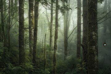 Obraz premium Foggy forest landscape with tall trees, lush greenery, tranquil nature scene, peaceful woodland environment, hiking path, morning mist, calm atmosphere.