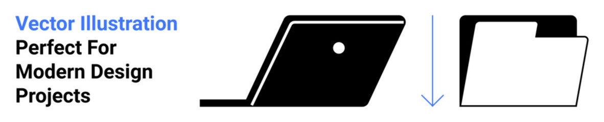 Black laptop and folder with arrow indicating digital file transfer, storage, and workflow organization. Ideal for technology, communication, data management, productivity, innovation, education