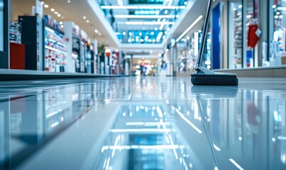 Obraz premium Mop cleaning a bright reflective shopping mall floor.