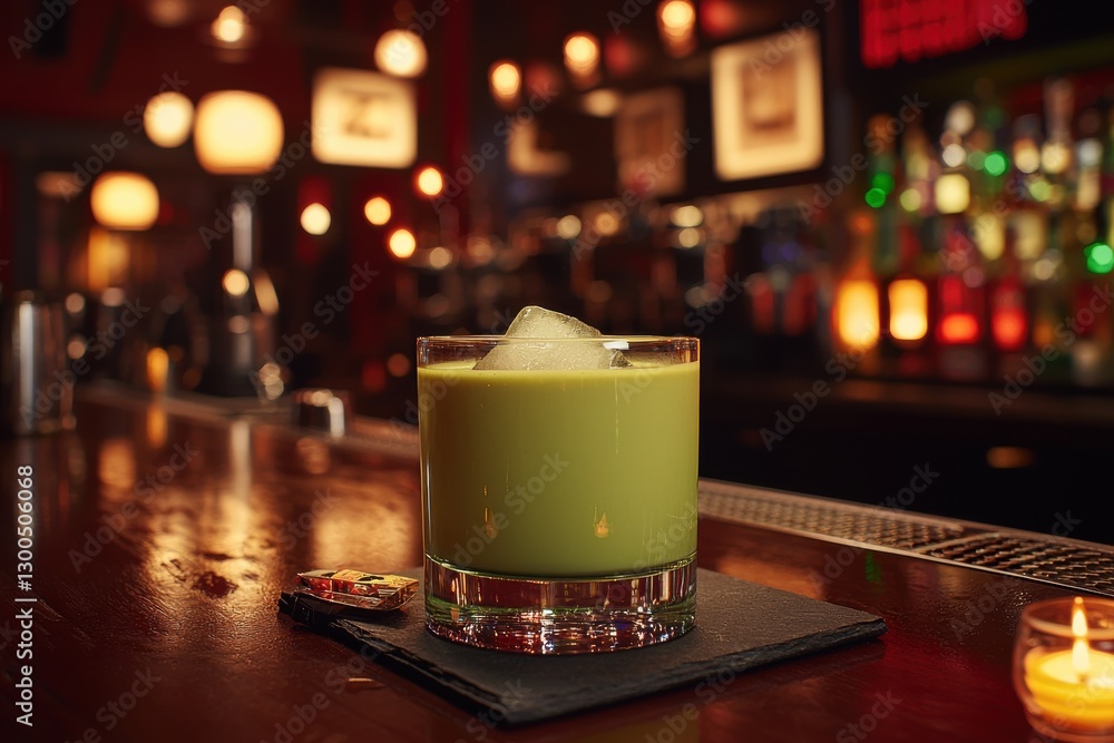 Poster a creamy green cocktail with ice on a bar top, illuminated by soft lighting, creating an inviting at