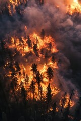 Forest fire burning trees and smoke in wild landscape, environmental disaster, nature emergency, climate change impact, wildfire destruction, aerial view.