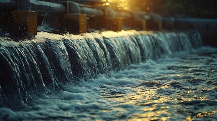 Industrial water treatment facility at sunset