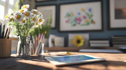 Sunlight illuminates a wooden desk featuring a vase of daisies, a tablet displaying colorful artwork, and art supplies, creating a serene and inspiring workspace for artistic pursuits