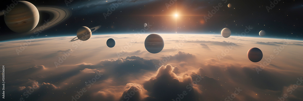 Wall mural image of planets in outer space against the background of stars and nebulae. deep space travel. illu