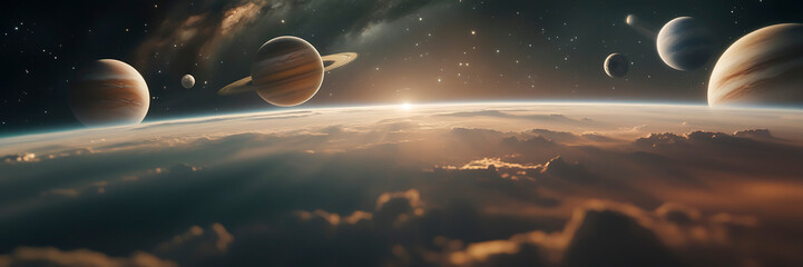 Image of planets in outer space against the background of stars and nebulae. Deep Space Travel. Illustration