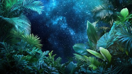Naklejka premium Vibrant tropical foliage surrounds a tranquil space, illuminated under a stunning blanket of stars. The interplay of nature and cosmos evokes peace and wonder