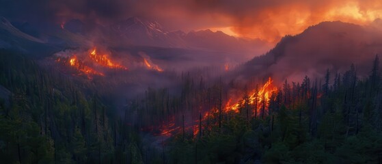 Forest wildfire raging through mountains at sunset creating smoke and flames, environmental disaster scene with burning trees and dramatic sky.