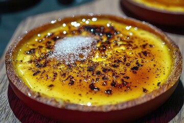 An appetizing close-up of a crème brûlée dessert, featuring a caramelized sugar crust with sugar sprinkles on a wooden surface, rich custard base, and a warm color palette.