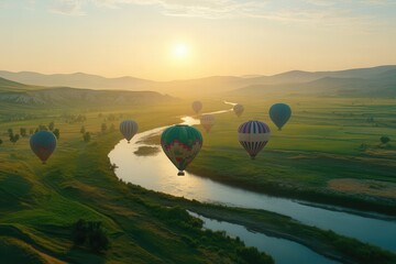 Obraz premium Hot air balloons flying over scenic landscape at sunrise with river and hills, adventure travel experience, outdoor recreation, tourism and exploration.