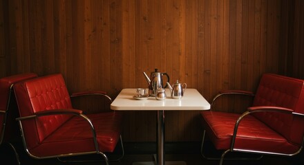 Vintage Lounge Scene: Red Leather Seating with Chrome Accents and Tea Service