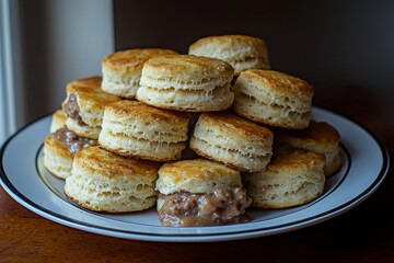 A tempting stack of homemade biscuits with sausage gravy, a classic Southern breakfast dish, showcasing golden, flaky biscuits generously filled with savory goodness.