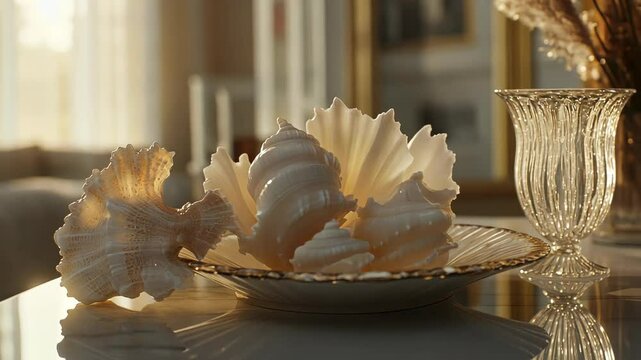 Elegant shell decor arranged on a stylish table illuminated by soft afternoon light in a chic living space
