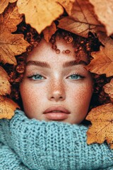 Portrait of a young woman with curly hair surrounded by autumn leaves, showcasing natural beauty and vibrant colors in a serene outdoor setting