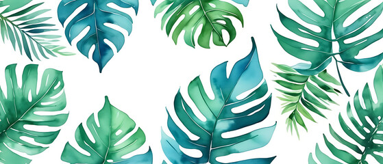 Watercolor Green Tropical Leaves Pattern on White Background for Summer Designs