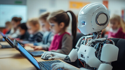 Fototapeta premium Students learn online with futuristic technology. The concept of advanced education, digital learning, and innovation in virtual classrooms. Generative AI.