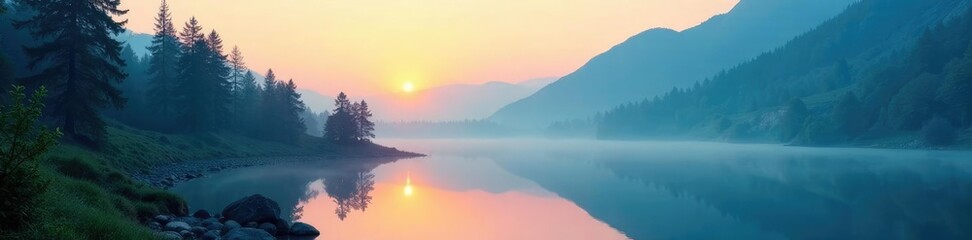 Obraz premium A foggy forest bathes in a soft blue light during the golden hour over a mountain lake, sunrise, nature
