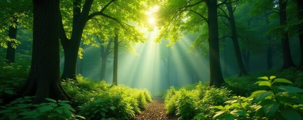 Obraz premium A forest with dense foliage and sunlight filtering through leaves, canopy, leaves, forest