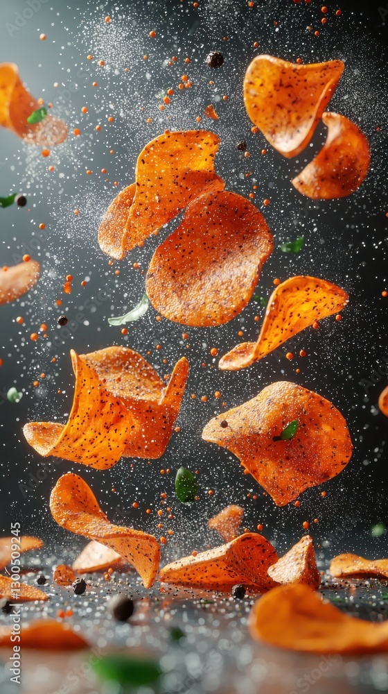 Poster colorful potato chips floating in mid-air with seasoning and spices creating a dynamic and appetizin