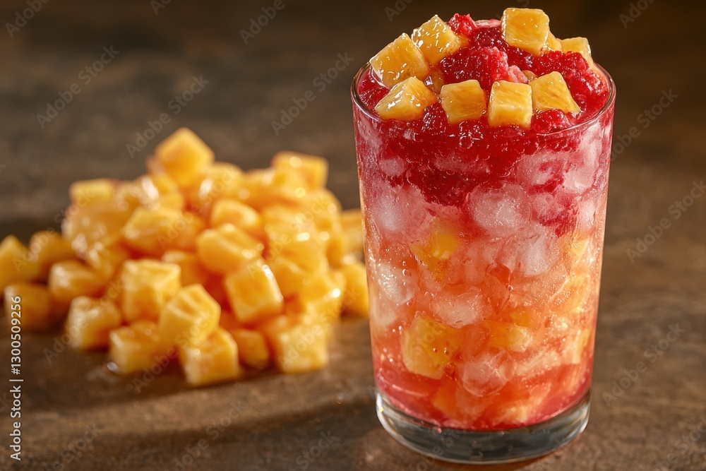 Poster close-up of a refreshing fruit cocktail with diced mango and raspberry with ice cubes, beside a pile