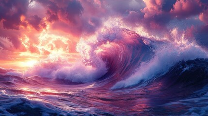 Epic sunset over powerful ocean waves. Dramatic sky.  Possible use Nature background