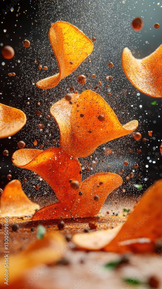 Poster crispy potato chips in mid-air with spices creating an explosion of flavor in a vibrant and dynamic 
